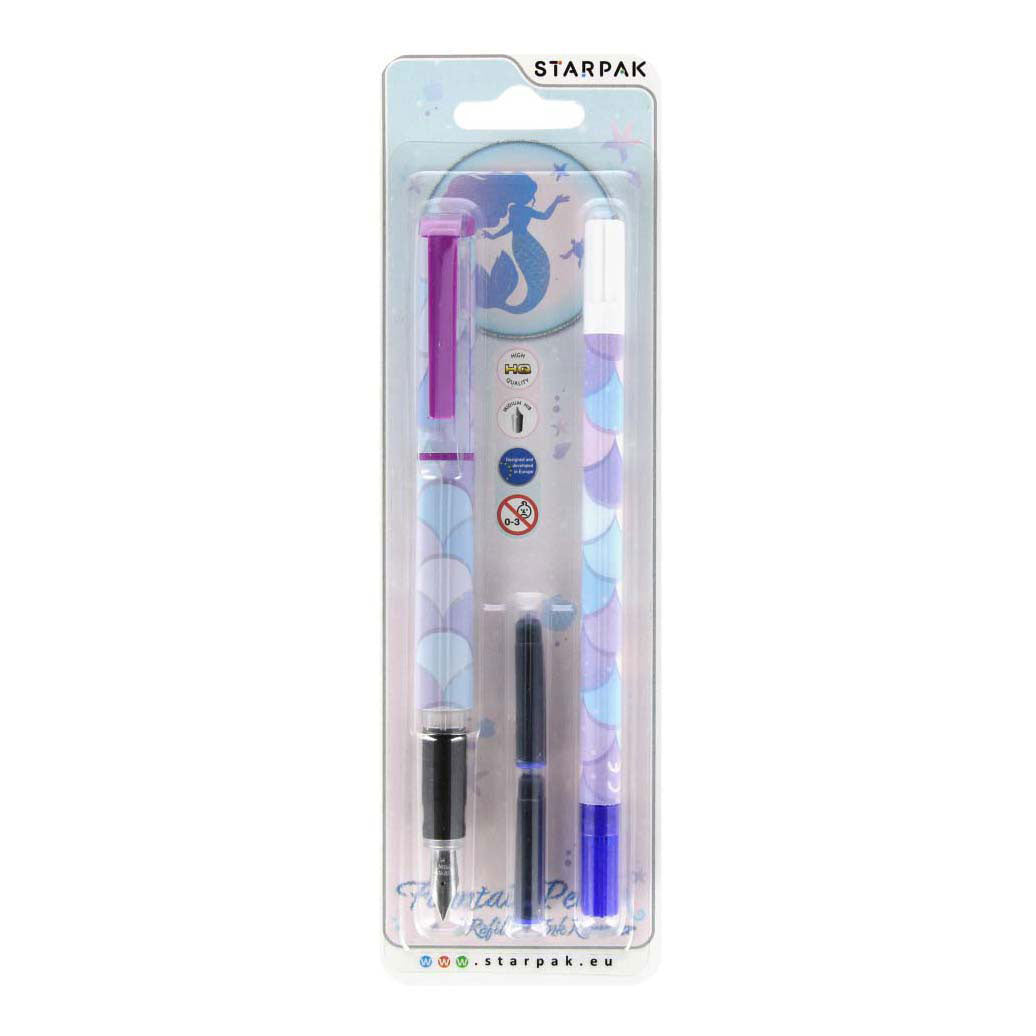 Fountain pen with 2 refills and ink remover mermaid