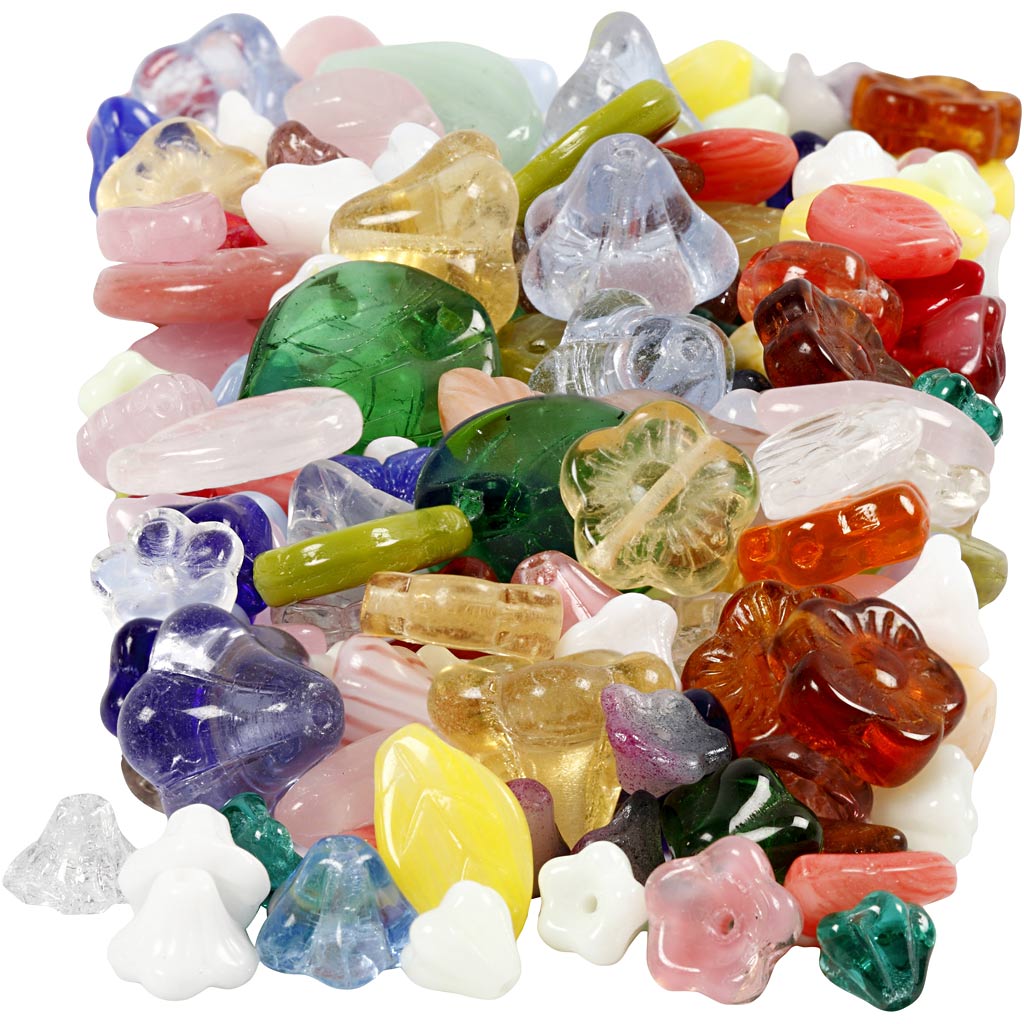 Creativ company glass beads, leaves, flowers, d 6-17 mm, hole size 0.5-1.5 mm, various colors, 350 gr 1 box