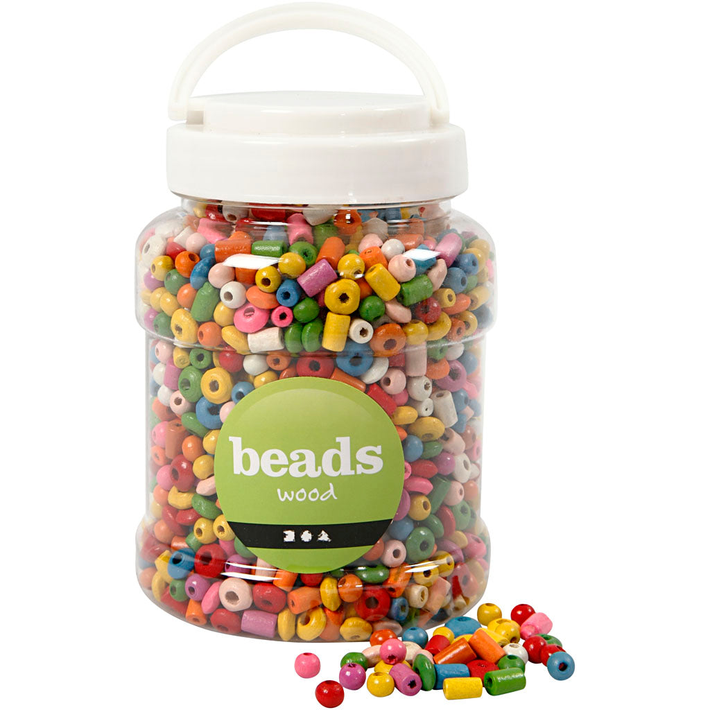 Creativ company houten kralen, d 5-8 mm, gatgrootte 1,5 mm, ca. 2170 stuk, diverse kleuren, 175 gr, 400 ml 1 emmer