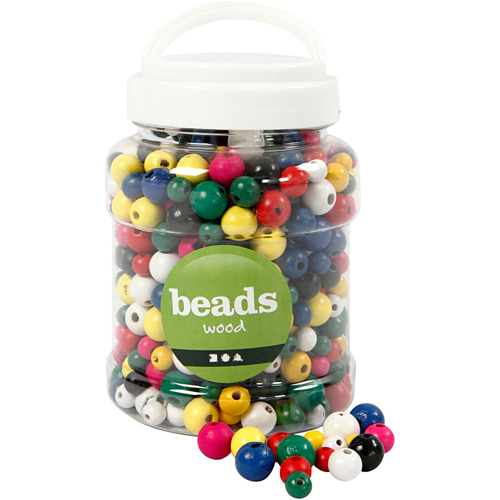 Creativ company houten kralen, d 8+10+12 mm, gatgrootte 2-2,5 mm, ca. 540 stuk, diverse kleuren, 175 gr, 400 ml 1 emmer