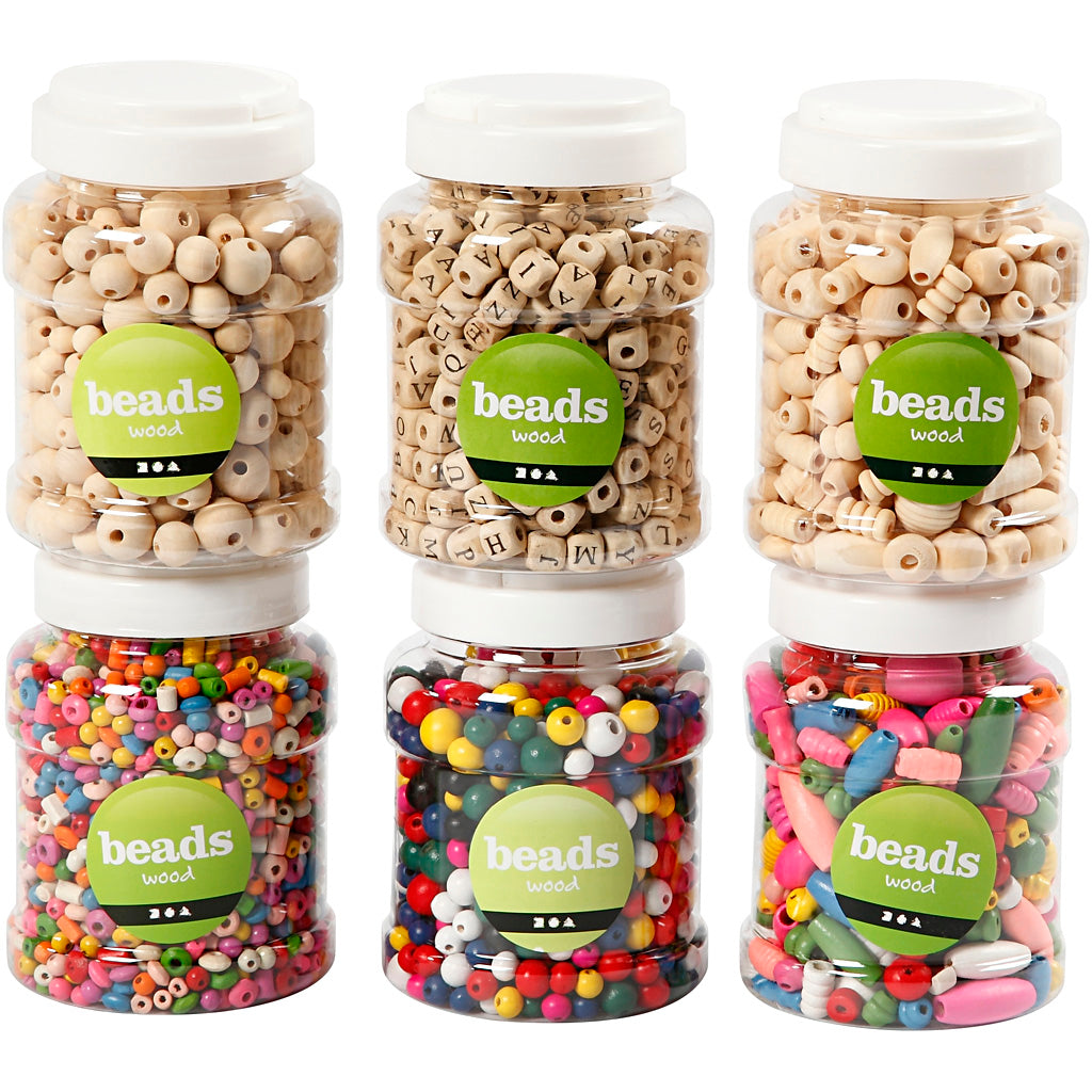Creativ company wooden beads, d 5-25 mm, 6x200 gr, 6x400 ml 1 box