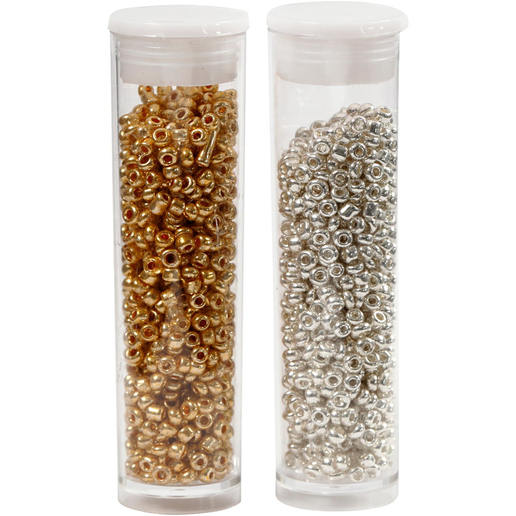 Creativ company rocailles, d 1.7 mm, size 15 0, hole size 0.5-0.8 mm, gold, silver, 2x7 gr 1 box