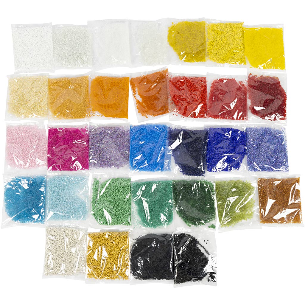 Creativ company rocailles, d 1,7+3+4 mm, size 6 0+8 0+12 0, hole size 0,5-1,2 mm, colors may vary, 32x100 gr 1 box