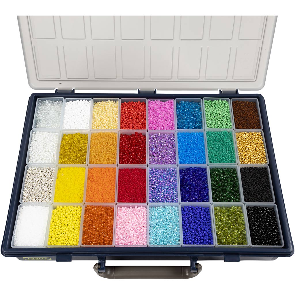 Creativ company rocailles, d 1,7+3+4 mm, size 6 0+8 0+12 0, hole size 0,5-1,2 mm, colors may vary, 32x100 gr 1 box