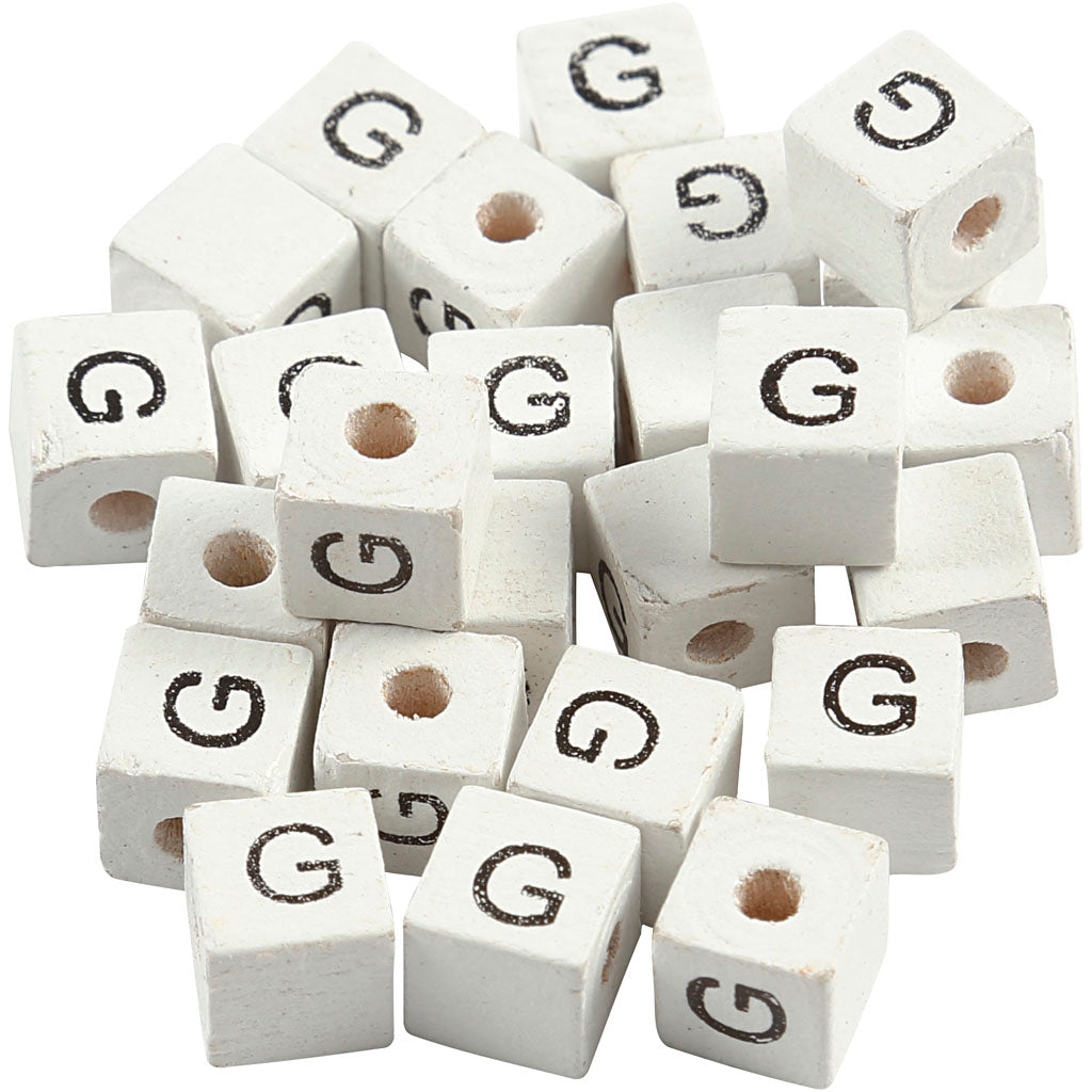 Creativ company letter beads, g, size 8x8 mm, hole size 3 mm, white, 25 pieces in a box
