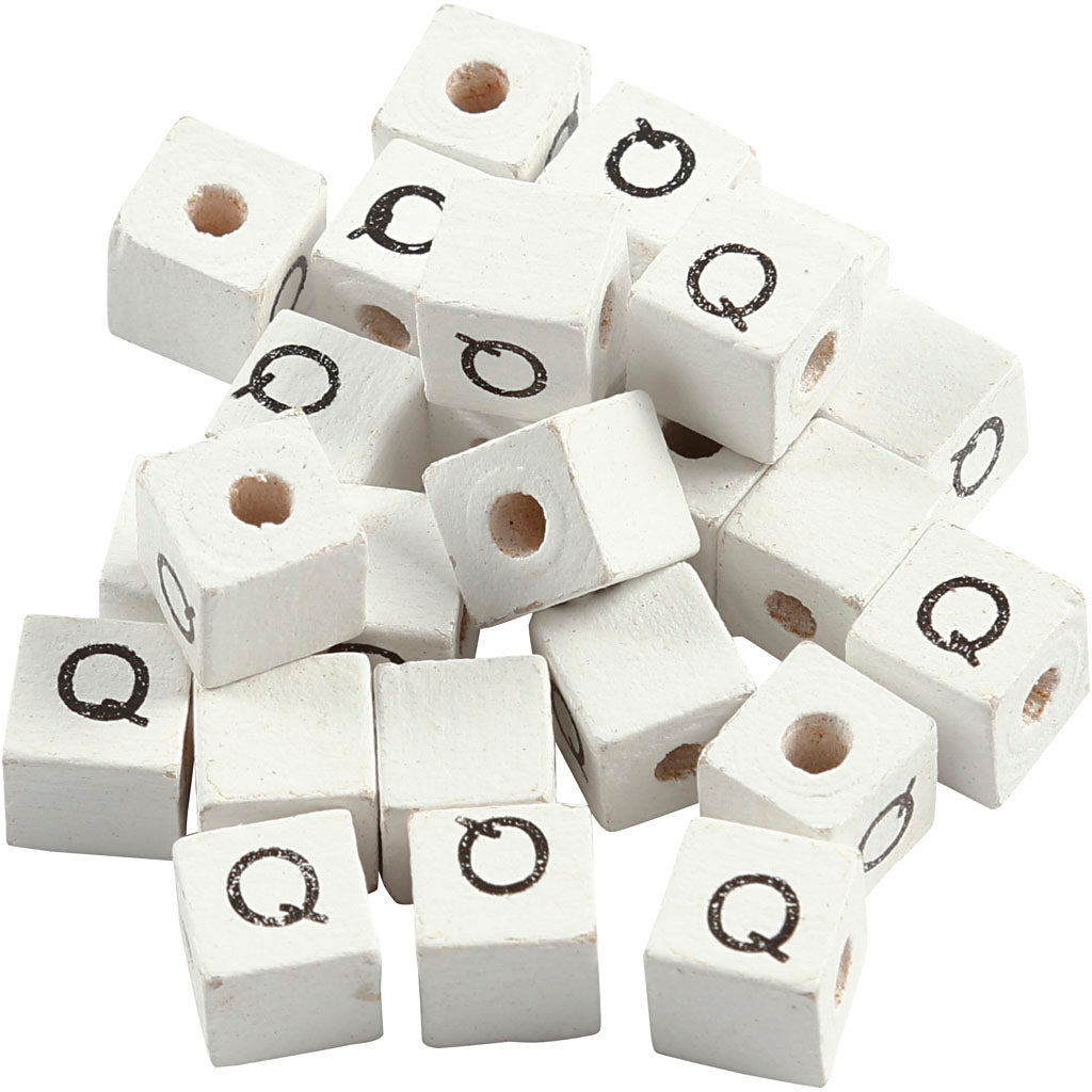 Creativ company letter beads, q, size 8x8 mm, hole size 3 mm, white, 25 pieces in a box