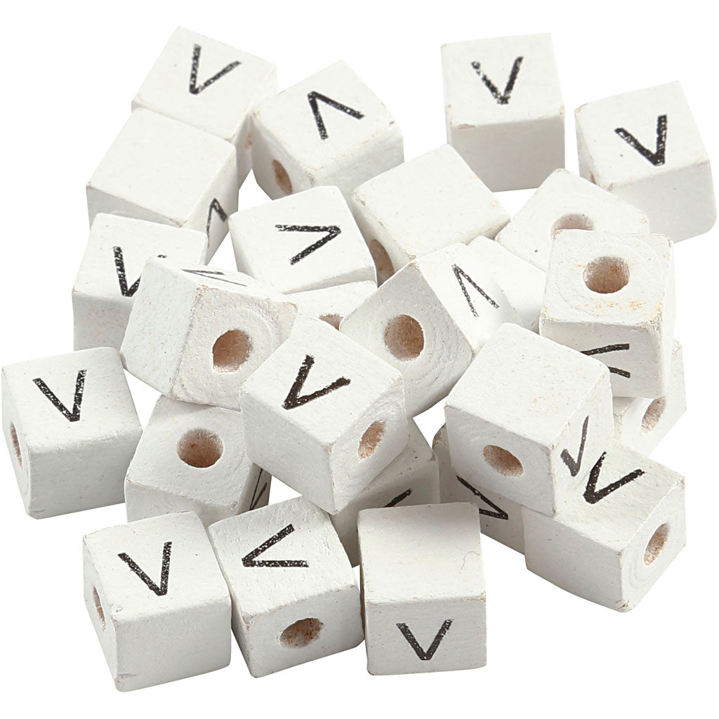 Creativ company letter beads, v, size 8x8 mm, hole size 3 mm, white, 25 pieces in a box