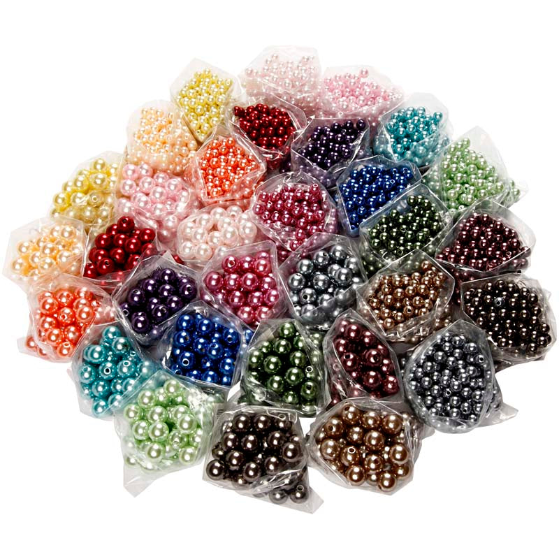 Creativ company pearls, d 6+10 mm, hole size 1.5+2 mm, approx. 640+3040 pieces, various colors, 32x20 gr 1 box