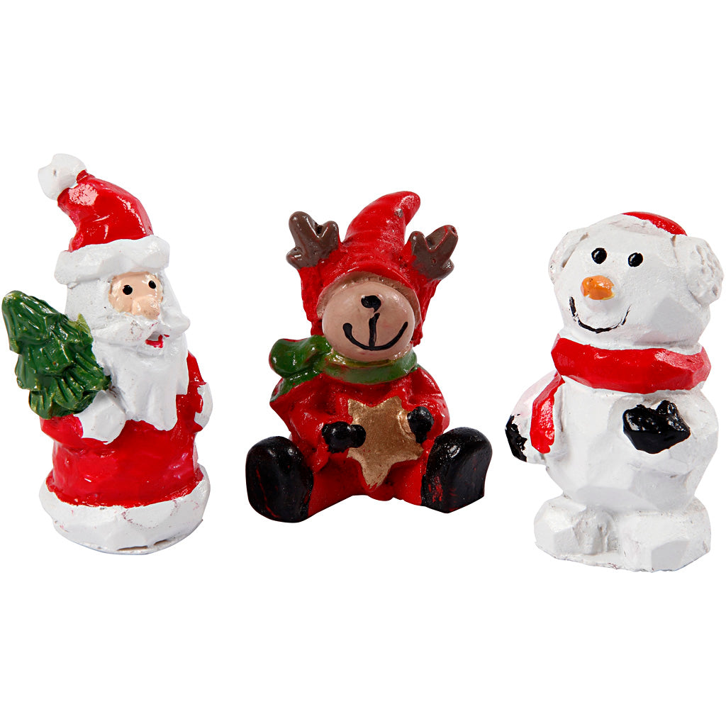 Creativ company miniature figures, Santa Claus, reindeer and snowman, h: 35 mm, l: 10 mm, 3 pieces 1 box