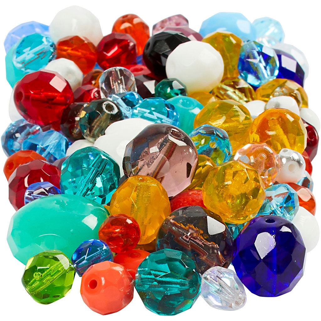 Creativ company facet glaskralen, afm 3-15 mm, gatgrootte 0,5-1,5 mm, ca. 450 stuk, diverse kleuren, 400 gr 1 doos