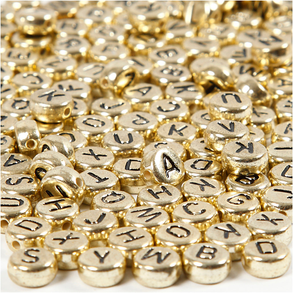 Creativ company letter beads, d 7 mm, hole size 1.2 mm, approx. 200 pieces, gold, 21 g 1 box