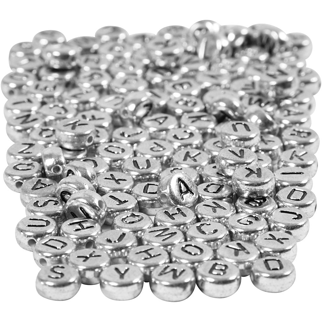 Creativ company letter beads, d 7 mm, hole size 1.2 mm, approx. 1500 pieces, silver, 165 g 1 box