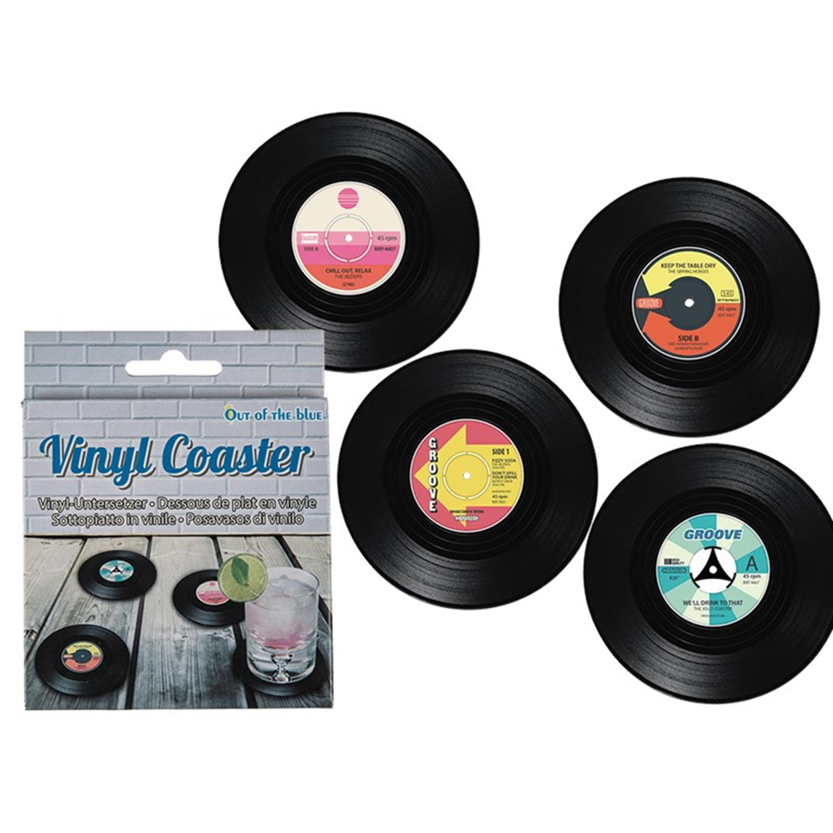 Ud af de blå LP coasters vinyl ø11cm sæt med 4