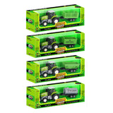 Die-cast green tractor with trailer and pull-back function