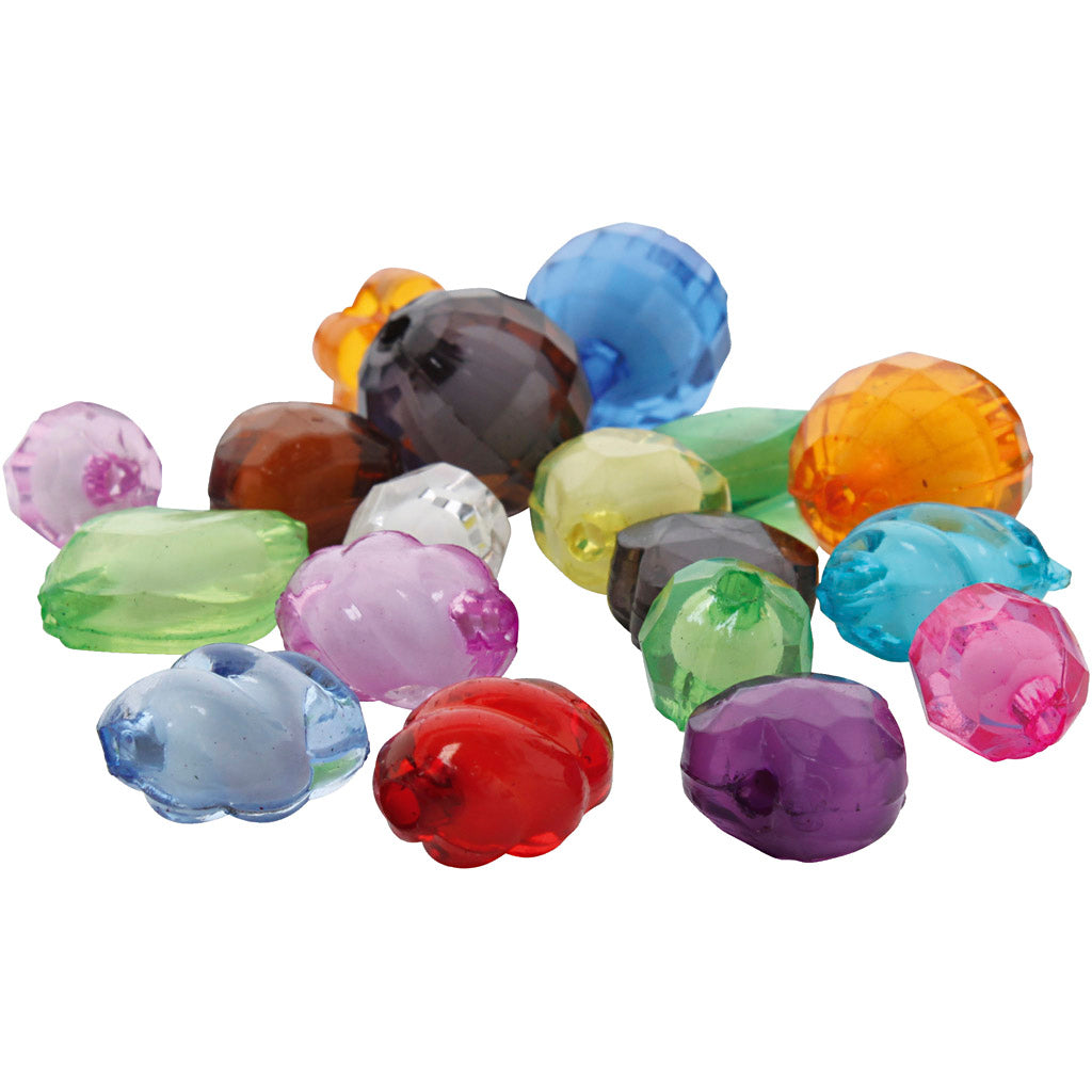 Faceted acrylic beads, size 8-20 mm, hole size 2-3 mm, various colours, 1000 g 1 box