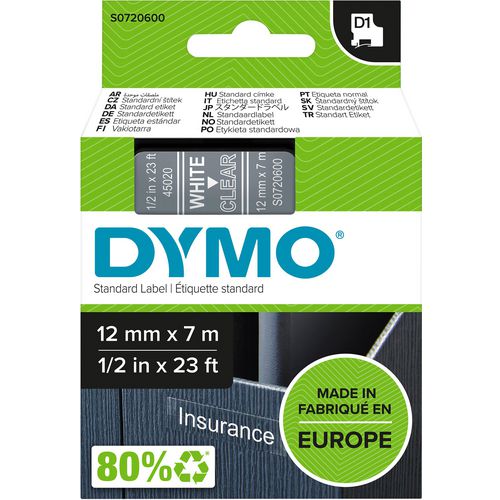 Tapes dymo d1 polyester 12mmx7m wit-transparant glanzend