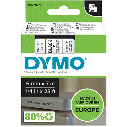 Tapes dymo d1 polyester 6mmx7m zwart-transparant glanzend