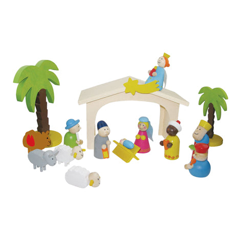 Wooden nativity scene with play figures