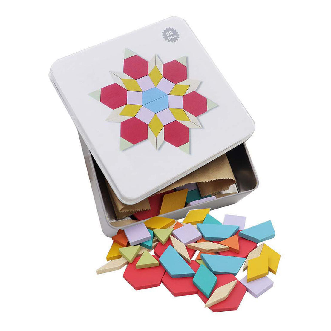 Wooden mosaic blocks, 52 pieces.