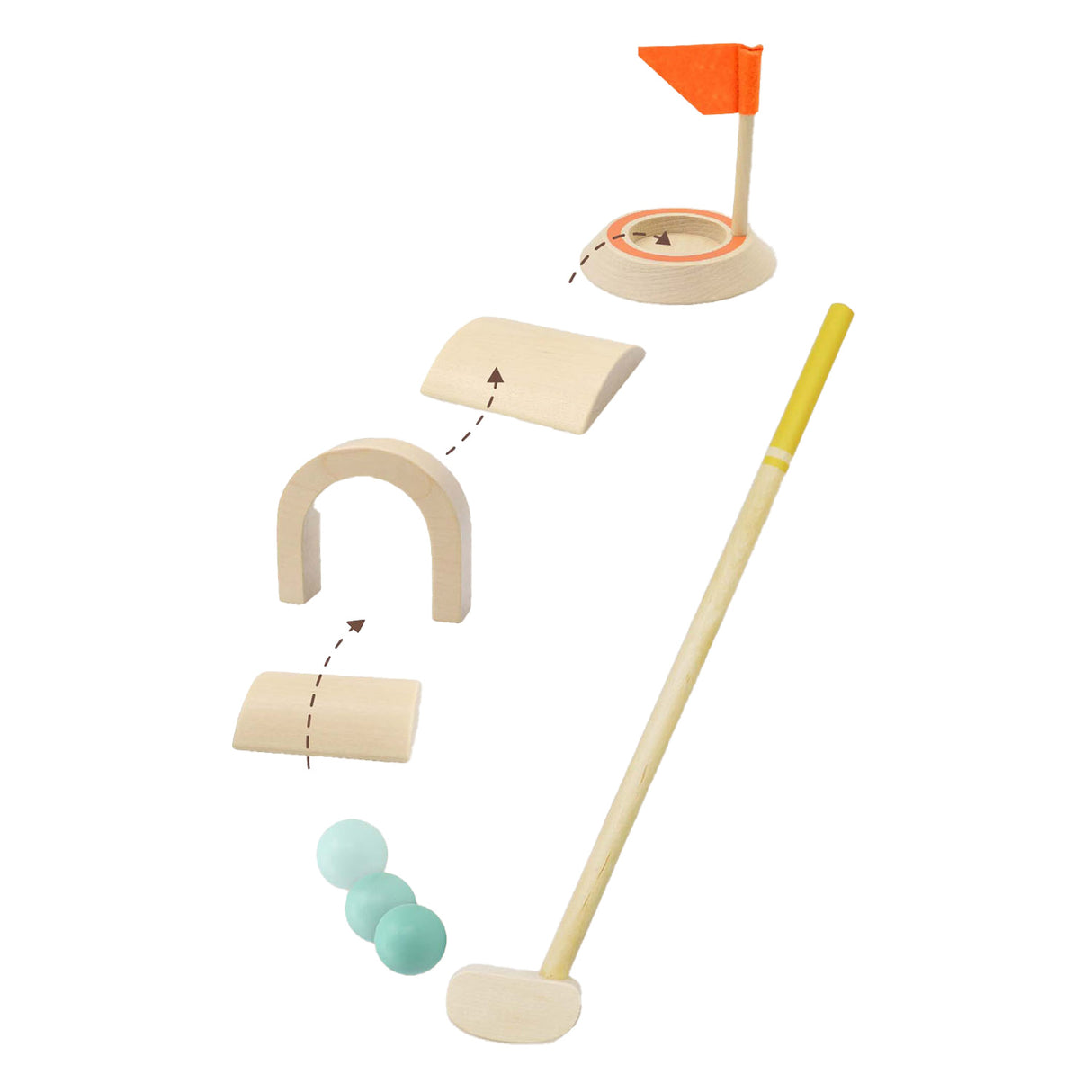 Set de mini golf de madera de 8 piezas.