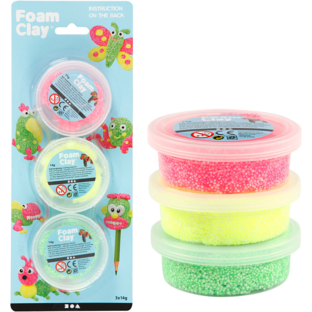 Foam clay ®, light green, neon pink, neon yellow, 3x14 gr 1 box
