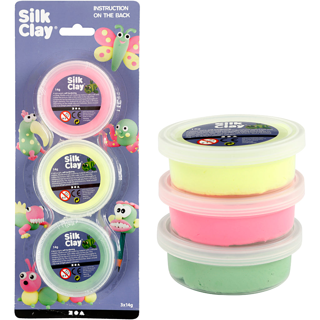 Silk clay ®, light green, neon pink, neon yellow, 3x14 gr 1 box