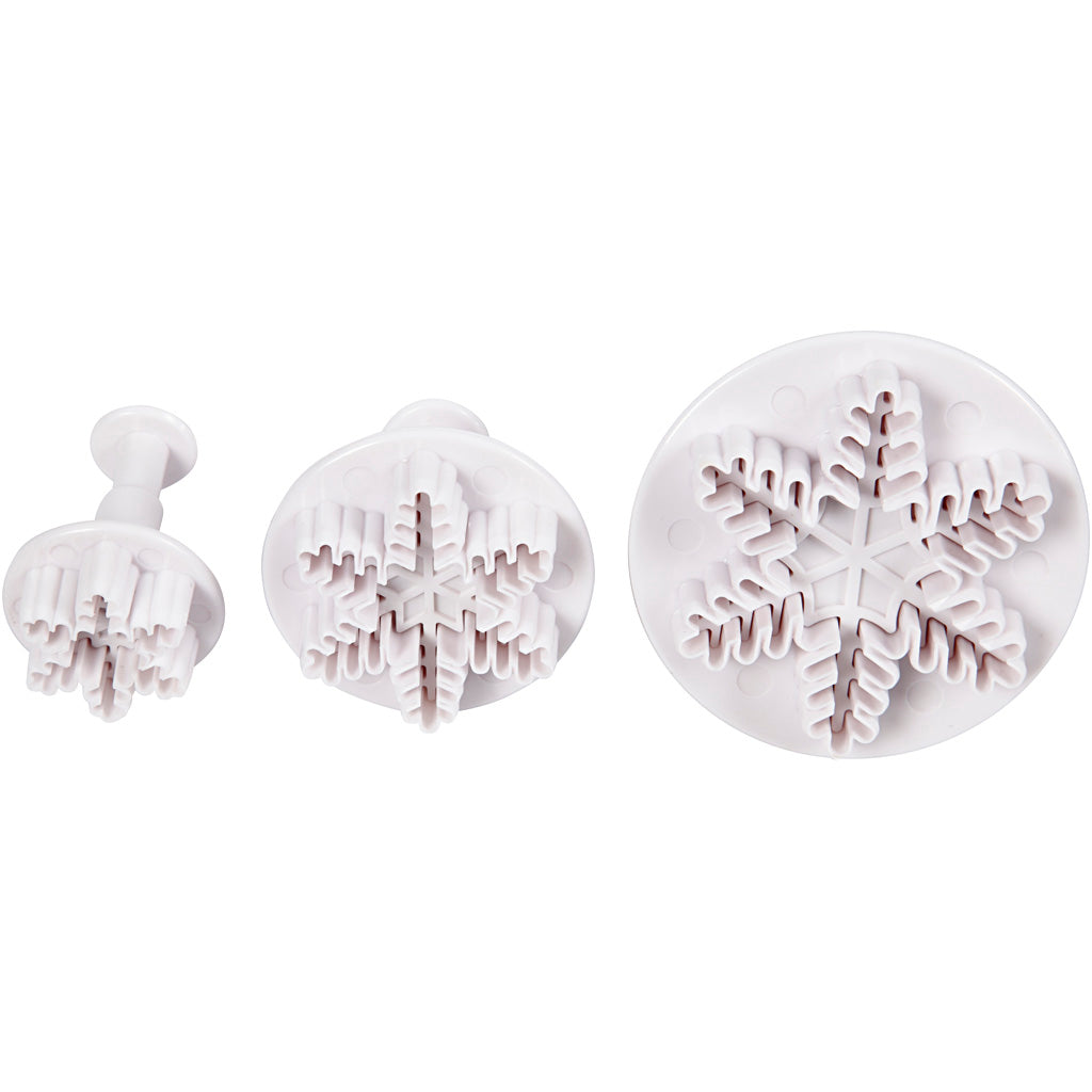 Creativ company cookie cutters with stamp, snowflake, d 3.2 + 4.8 + 6.5 cm, white, 3 pieces 1 box