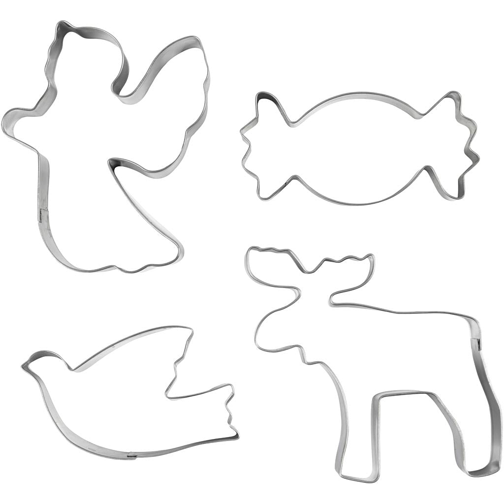 Creativ company uitsteekvormen, engel, rendier, duif, snoep, h: 2 cm, afm 4,5-9 cm, zilver metallic, 4 stuk 1 doos