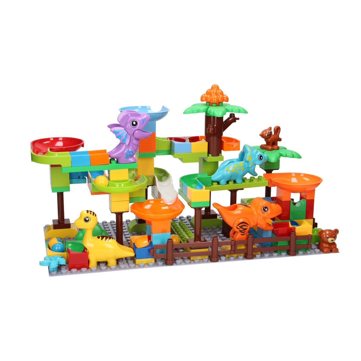 Building set blocks and marble track dino