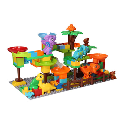 Building set blocks and marble track dino