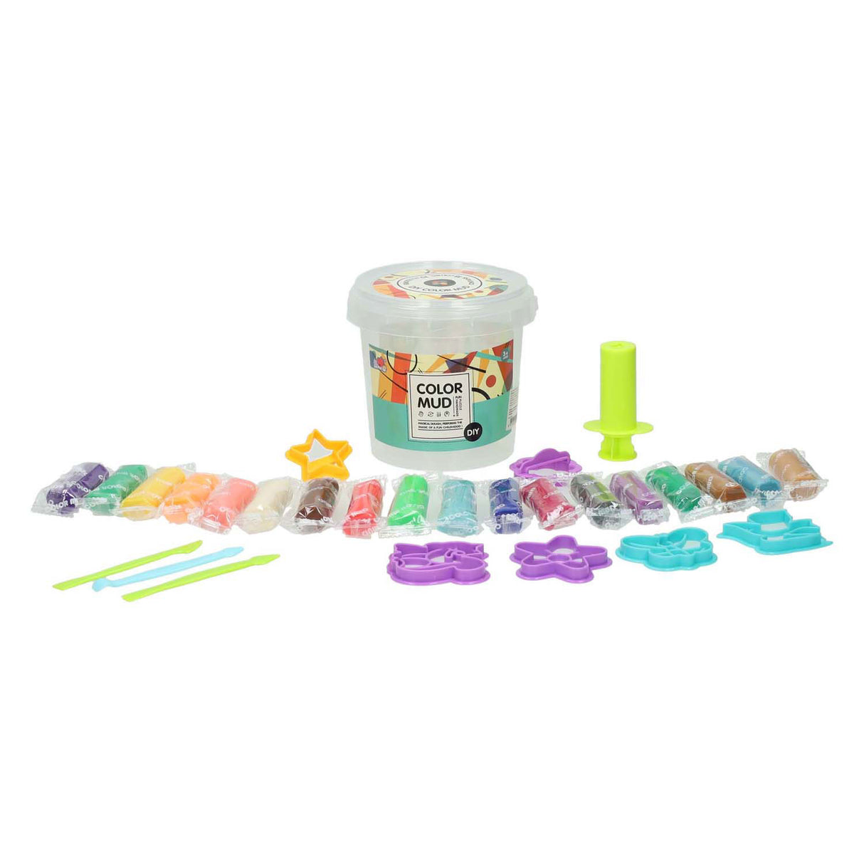 Clay set in barrel - 18 colors of clay - 28 pieces.