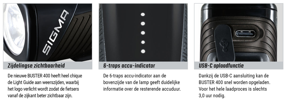 Sigma Headlight Buster 400 Battery Li-ian faoi stiúir USB USB