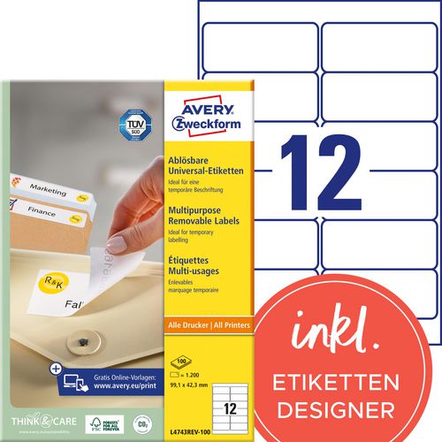 Verwijderbare etiketten avery zweckform l4743rev-100 universeel wit