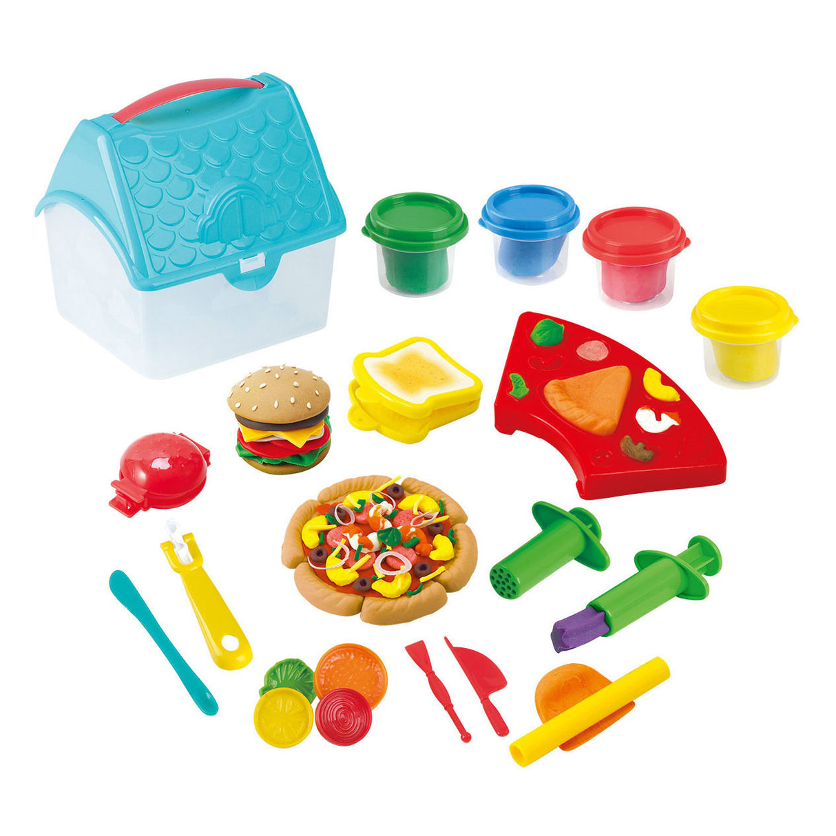 Playgo hamburger and sandwich clay set in storage box - 4 clay pots