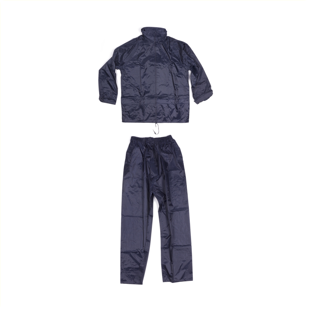 Puch rain suit XXXL blue. Features 2 pockets and a hood integrated into the collar