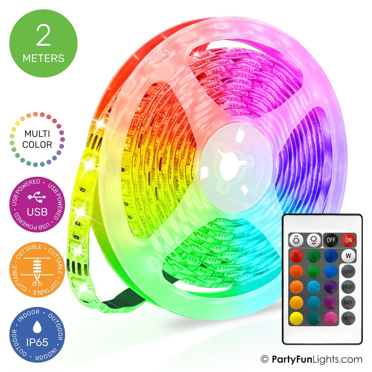 Partyfun lys led strip usb 2 meter ip65