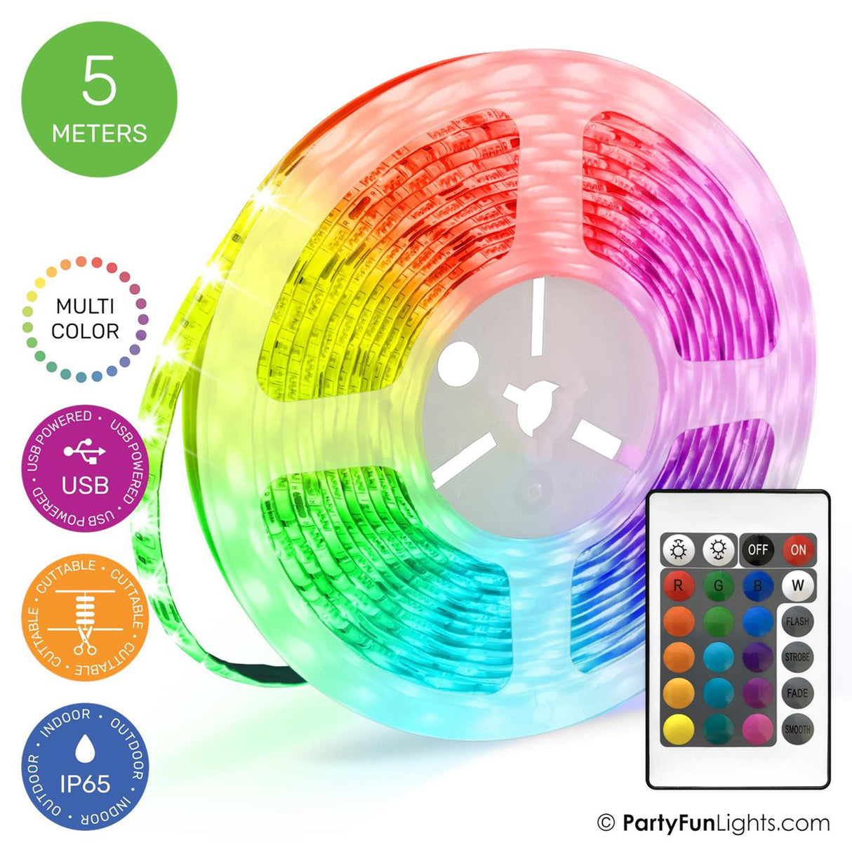Partyfun lys led strip usb 5 meter ip65