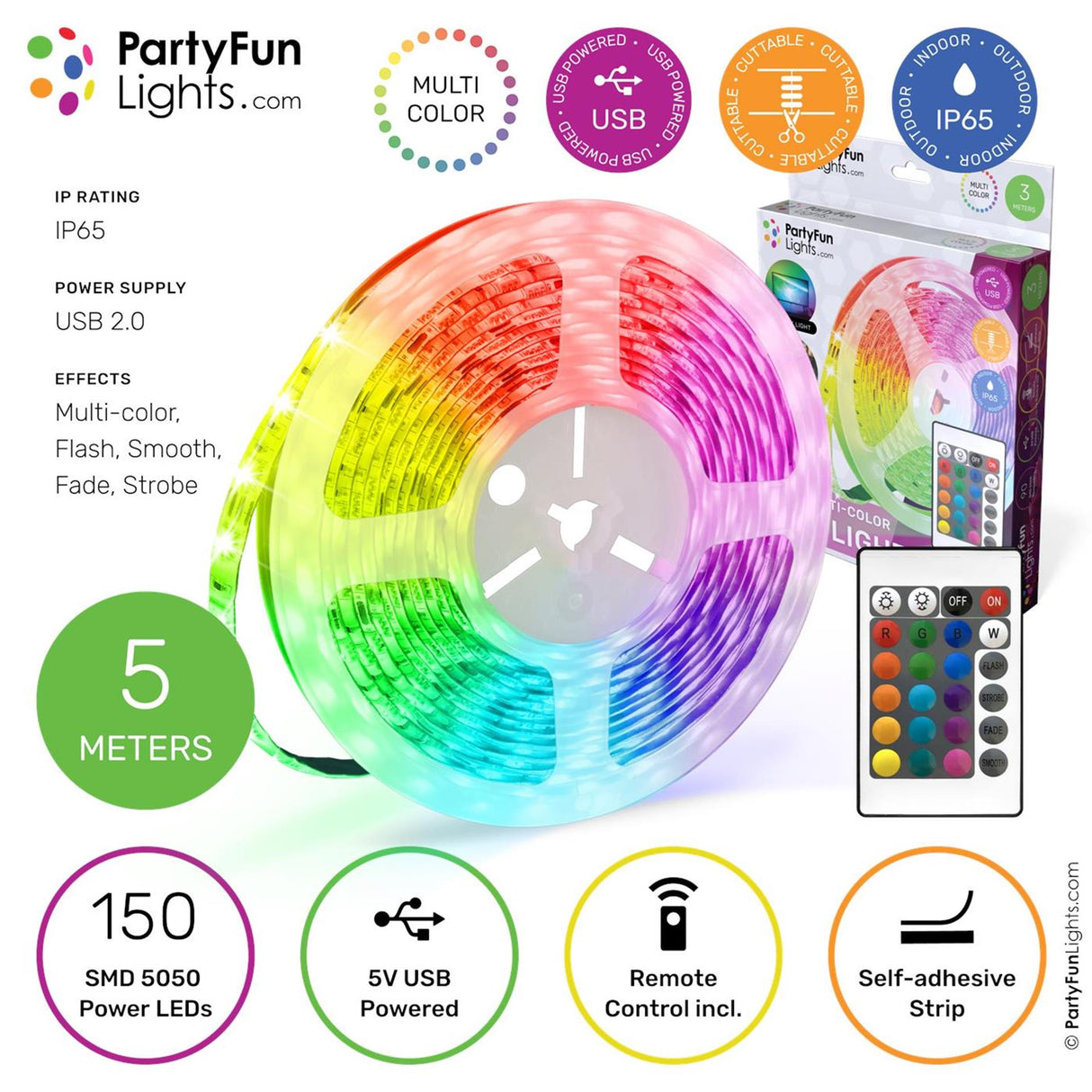 Partyfun lys led strip usb 5 meter ip65