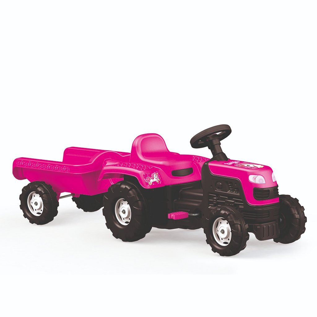 DOLU Unicorn Pedal Traktor mat Trailer rosa schwaarz