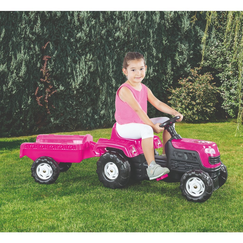 DOLU Unicorn Pedal Traktor mat Trailer rosa schwaarz