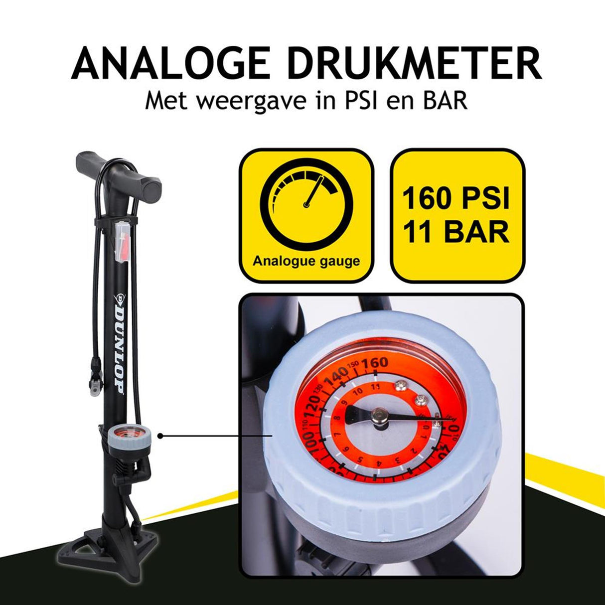 Dunlop opretstående cykelpumpe Model Analog trykmåler Dobbelt ventilhoved Sort