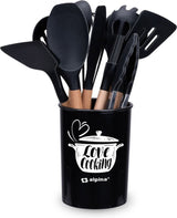 Alpina Kitchenware set with Holder 12 pieces Silicone Gerei With Wooden Handle Black