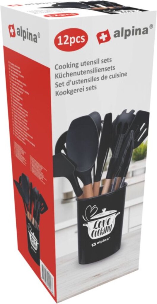 Alpina Kitchenware set with Holder 12 pieces Silicone Gerei With Wooden Handle Black