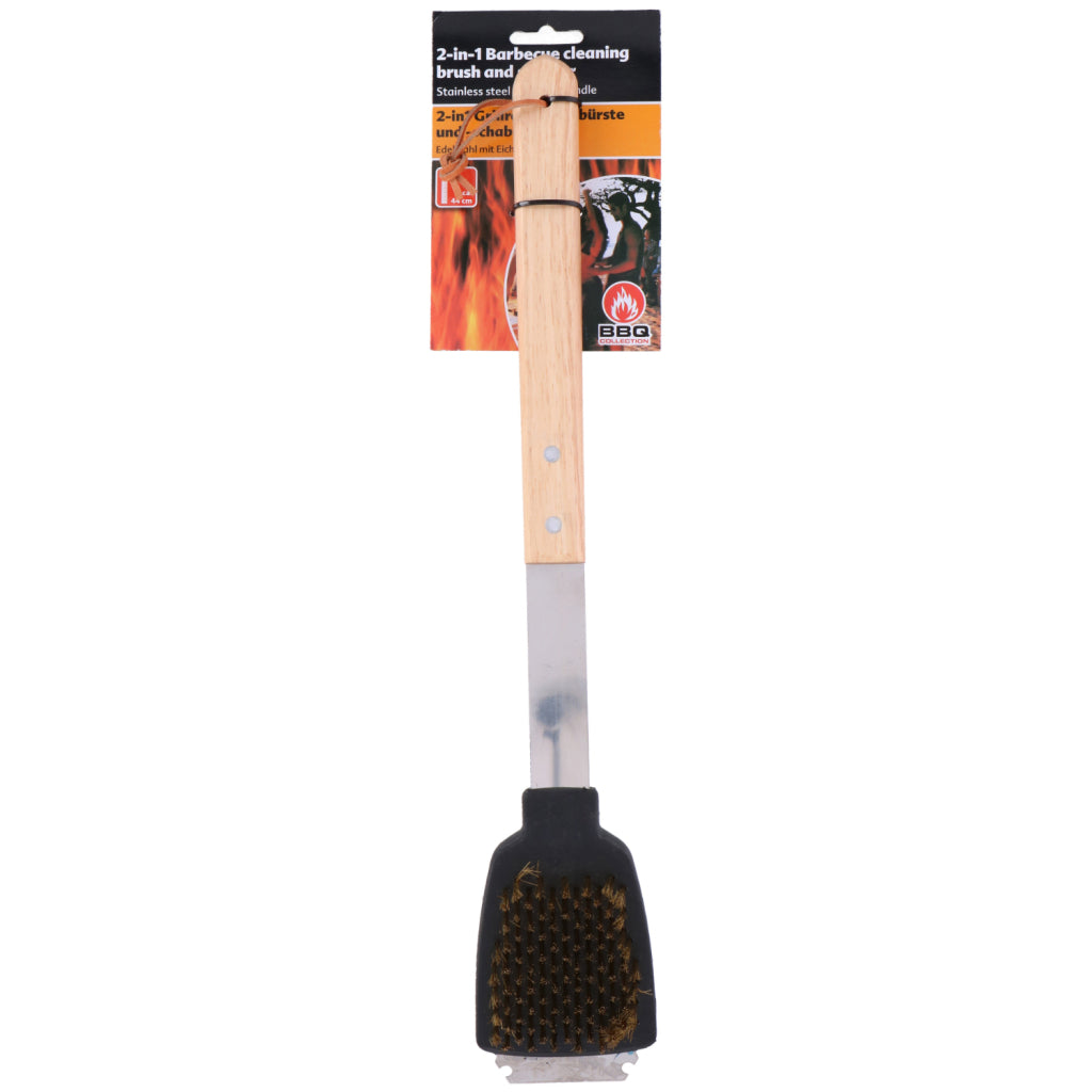 BBQ collection brush with scraper stainless steel oak