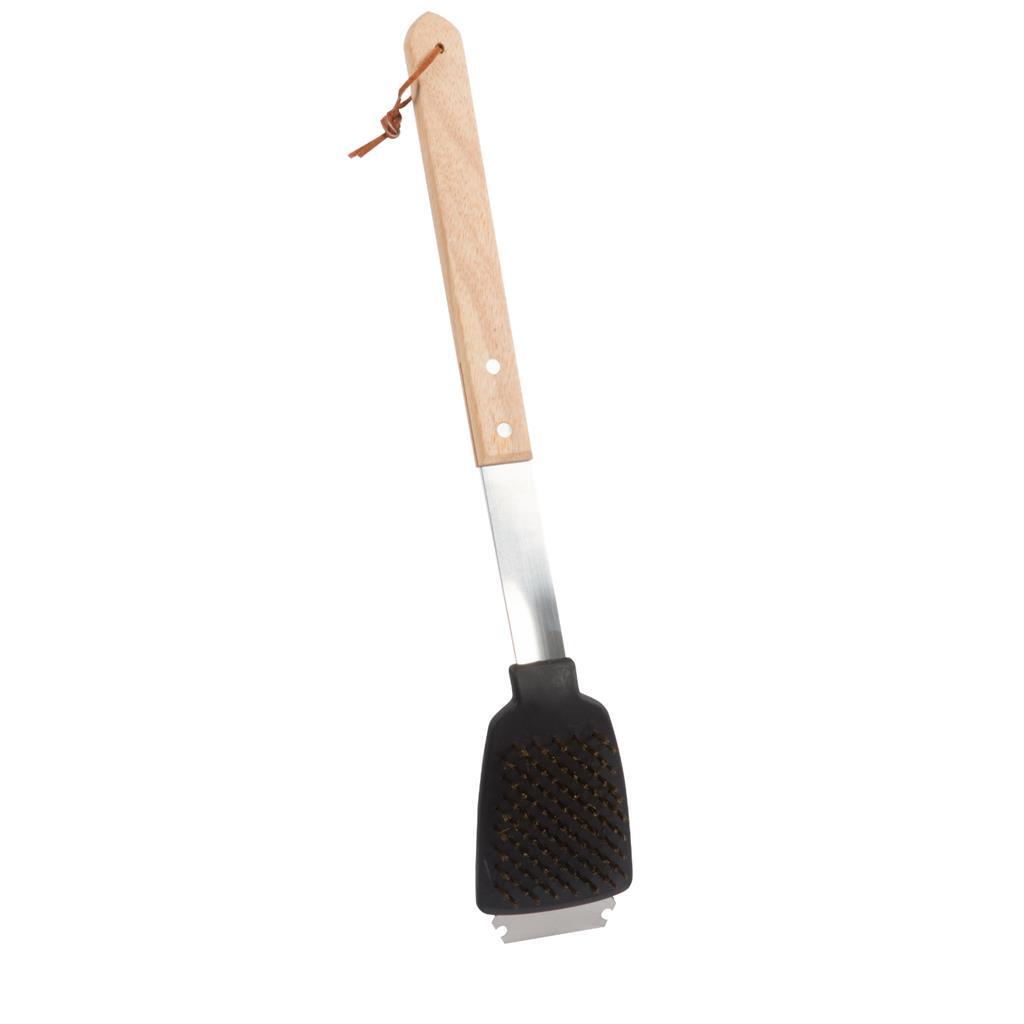 BBQ collection brush with scraper stainless steel oak