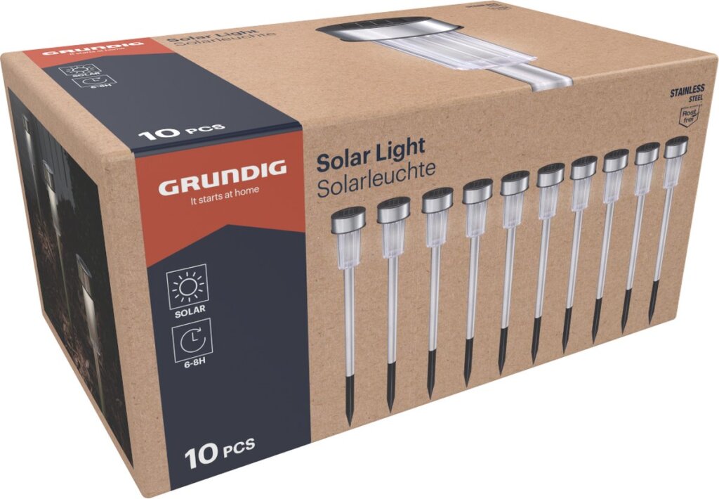 Torce da giardino GRUNDIG 10 pezzi oltre il punto su energia solare Luce bianca IP44 Batteria resistente all'acqua 6-8 ore 4.8x36,5 cm in acciaio inossidabile