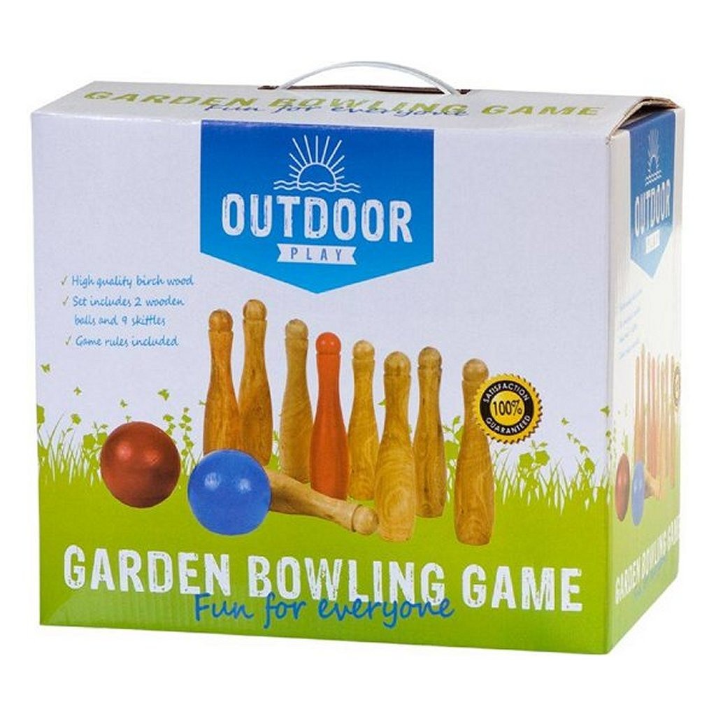 Outdoor play wooden garden bowling set with 9 cones and 2 balls