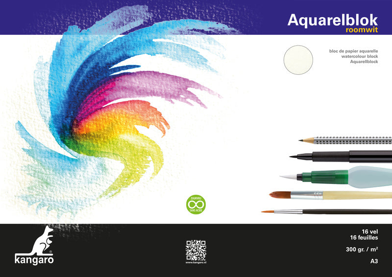 Kangaro K-5303 block of watercolor paper A3 300g, 16 sheets, cream white, 3-sided glued