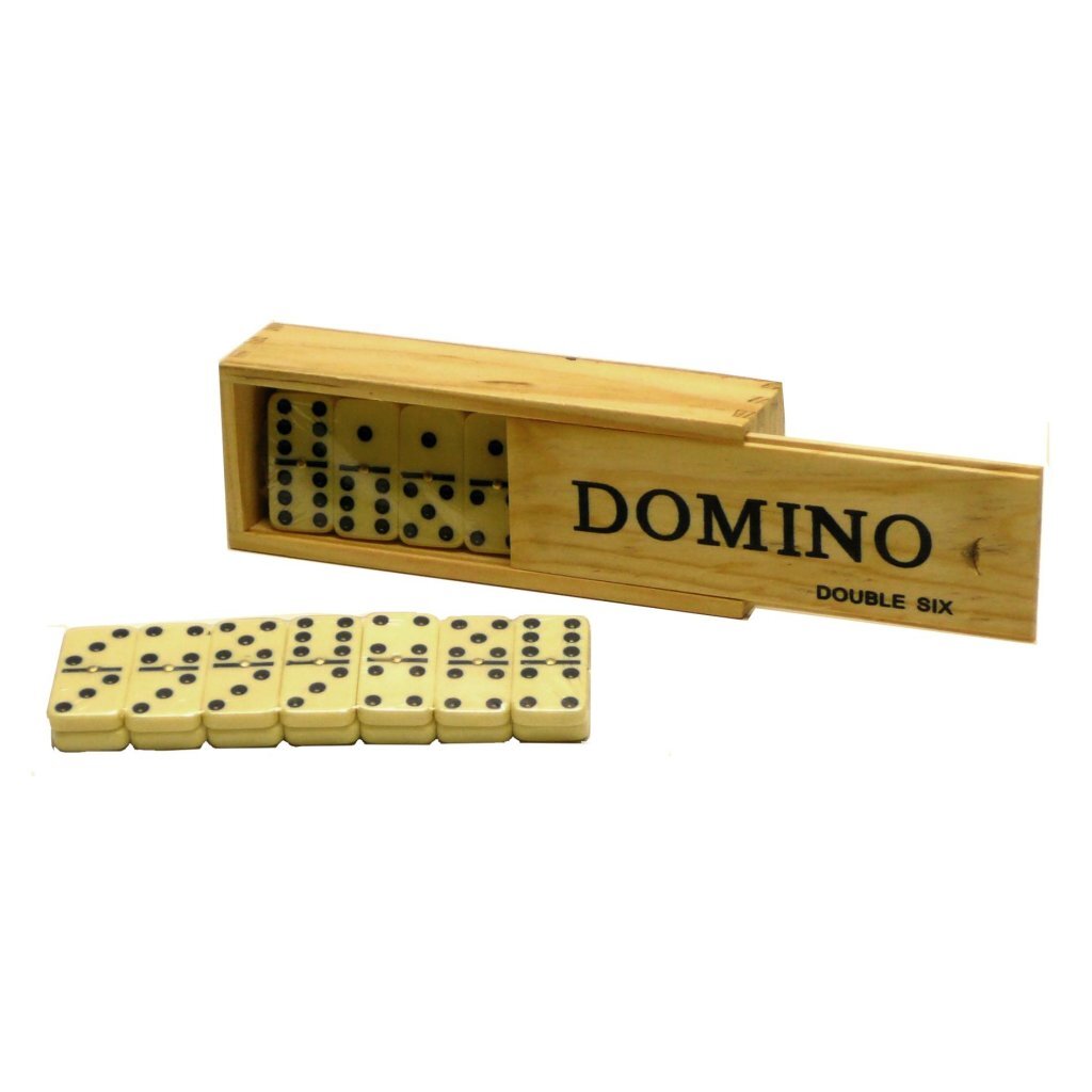 Basic dominoes in a wooden box