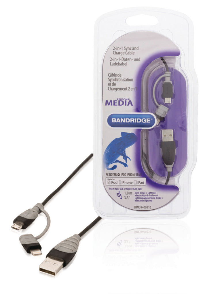 Bandridge BBM39400B10 2-in-1 Data a nabíjecí kabel USB Micro-B Male + Lightningadapter-muž 1,00 m černé